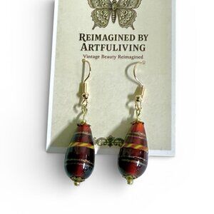 REIMAGINED Handmade Lampwork Glass Teardrop Hook Earrings Gold Plated 1.5” Drop
